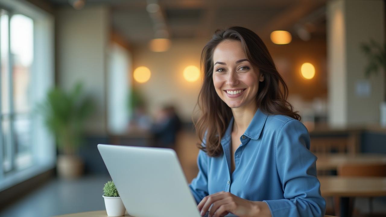 Selbstbewusste Unternehmerin arbeitet an ihrem Notebook in einem modernen Café in Zaragoza, repräsentiert Erfolg und digitale Finanzierung.