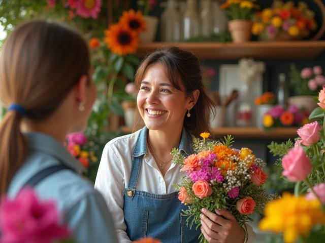 Maria, eine lächelnde Blumenhändlerin in ihrem lebhaften Geschäft.
