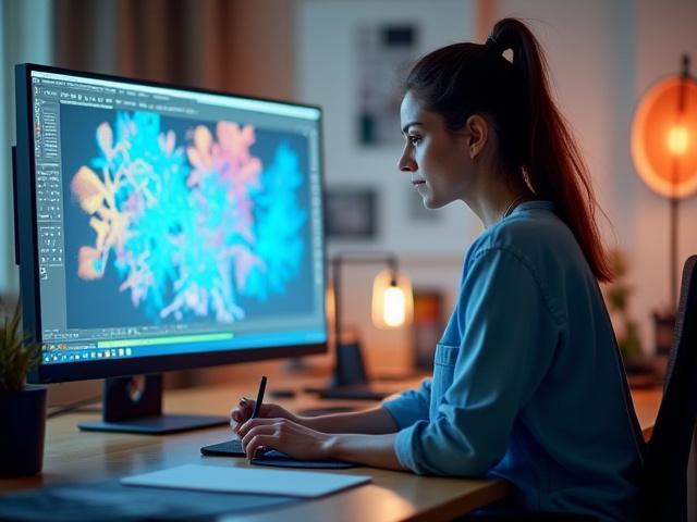 Sofia, eine konzentrierte Grafikdesignerin, arbeitet an einem Computer in ihrem modernen Studio.