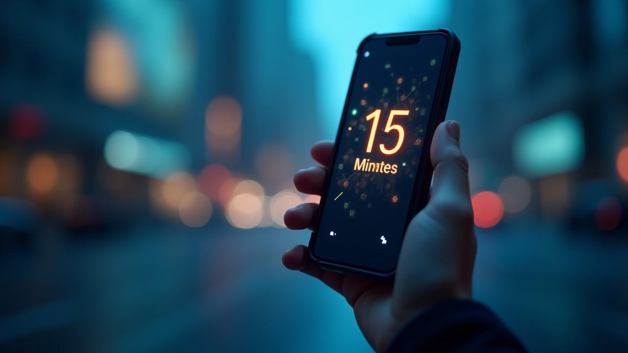 Menschliche Hand hält ein Smartphone mit einer Uhr, die 15 Minuten anzeigt, vor einem verschwommenen Finanzhintergrund.