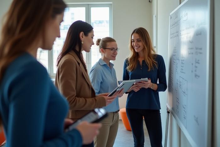 Modernes Büroteam von DämmerFinanz in Besprechung, konzentriert und innovativ.